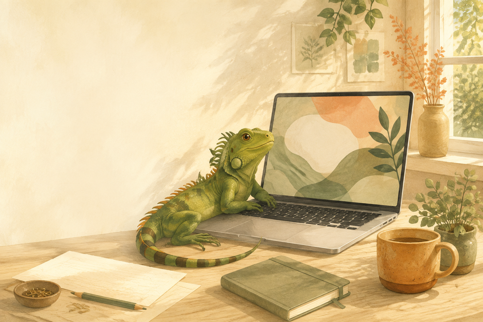 An iguana sitting beside a laptop in a sunlit workspace